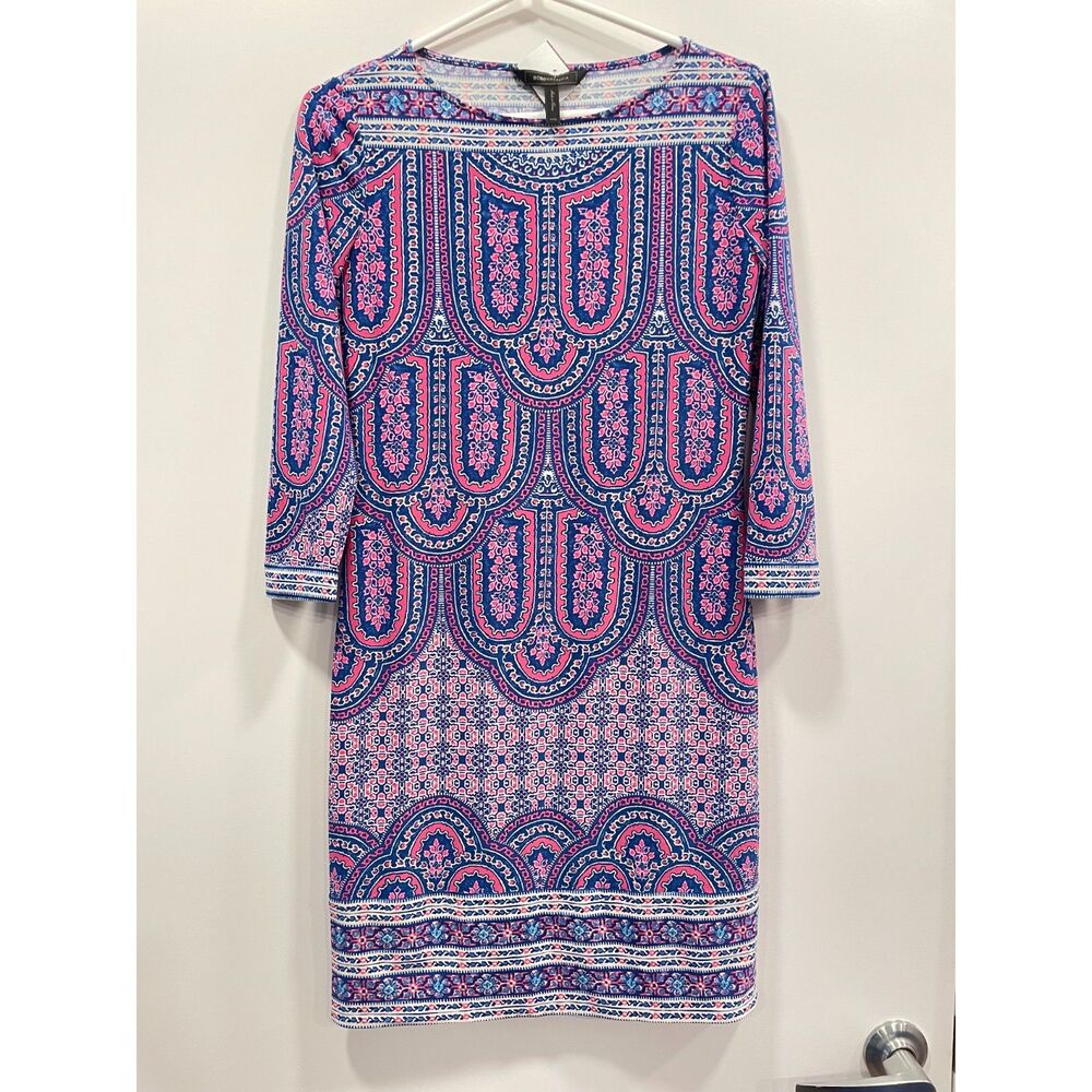 NWOT BCBG Maxazria XXS Dress Jersey Shift Dress 3/4 Sleeve Blue Pink Moroccan